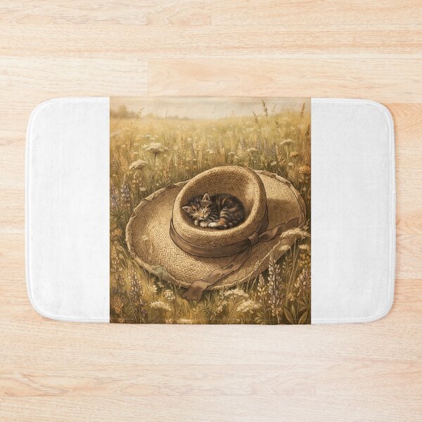 Item preview,  Tiny Kitten Resting on a Giant Straw Hat in a Field Miniature Illustration designed and sold by DuckOddity.