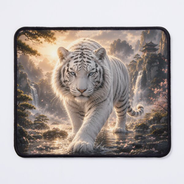 Item preview, Majestic White Tiger Walking Through Sacred Waterfalls | Fantasy Wildlife Digital Art designed and sold by ManJiangHong.