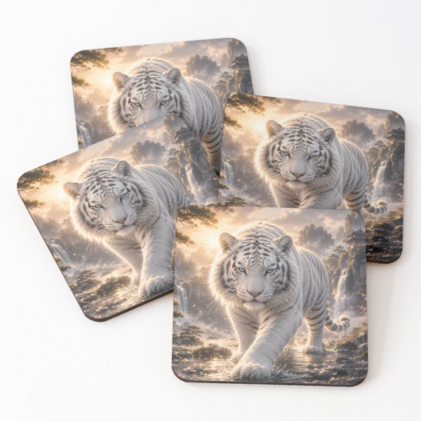 Item preview, Majestic White Tiger Walking Through Sacred Waterfalls | Fantasy Wildlife Digital Art designed and sold by ManJiangHong.