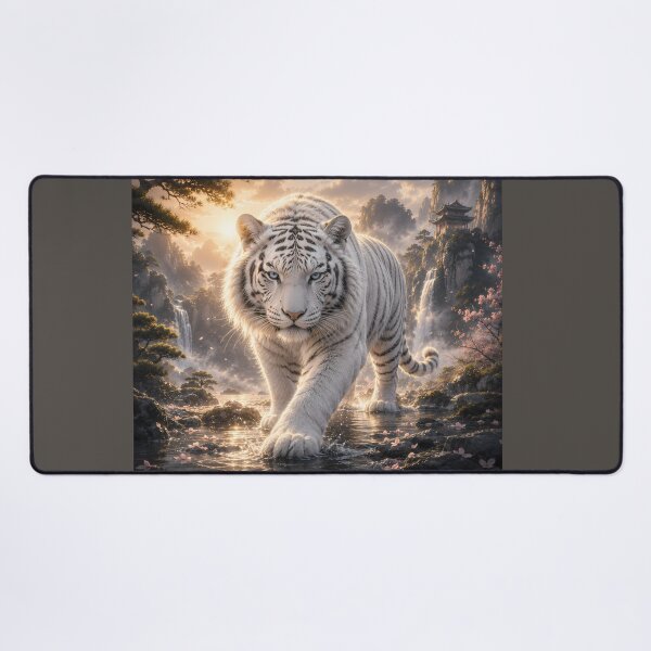 Item preview, Majestic White Tiger Walking Through Sacred Waterfalls | Fantasy Wildlife Digital Art designed and sold by ManJiangHong.