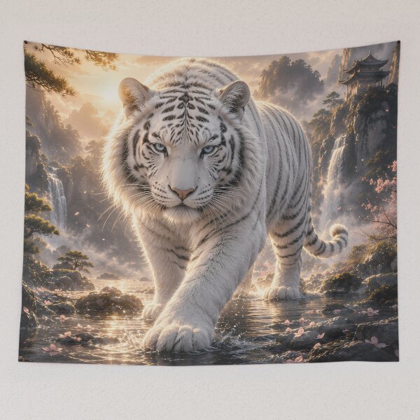 Item preview, Majestic White Tiger Walking Through Sacred Waterfalls | Fantasy Wildlife Digital Art designed and sold by ManJiangHong.