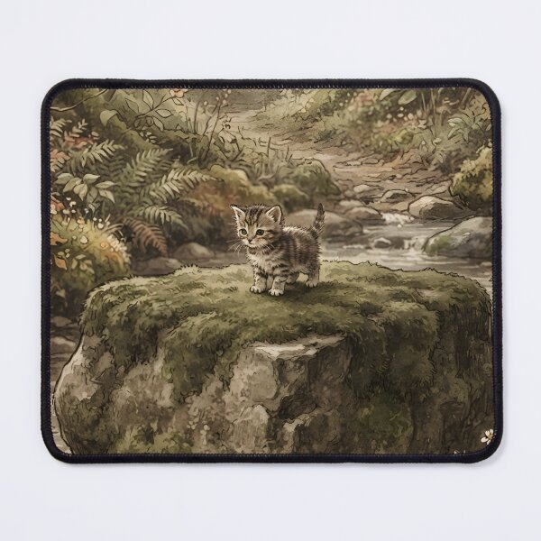 Item preview, Tiny Kitten on a Giant Mossy River Stone Miniature Illustration designed and sold by DuckOddity.