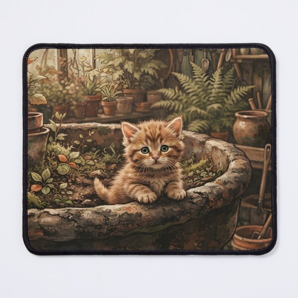 Item preview, Tiny Kitten Peeking from a Giant Ceramic Flower Pot Miniature Illustration designed and sold by DuckOddity.
