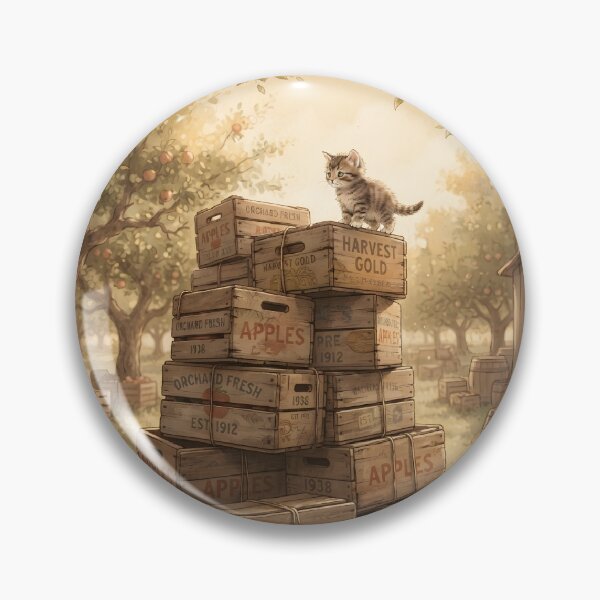 Item preview, Tiny Kitten Climbing Giant Vintage Wooden Orchard Crates Miniature Illustration designed and sold by DuckOddity.
