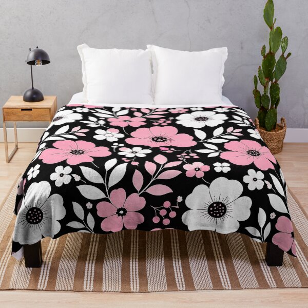Item preview, Bold Pink White Graphic Floral Pattern Black Background designed and sold by Aureva Arts Shop.