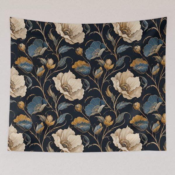 Item preview, Art Nouveau Floral Pattern Cream Gold Teal Dark Navy designed and sold by Aureva Arts Shop.