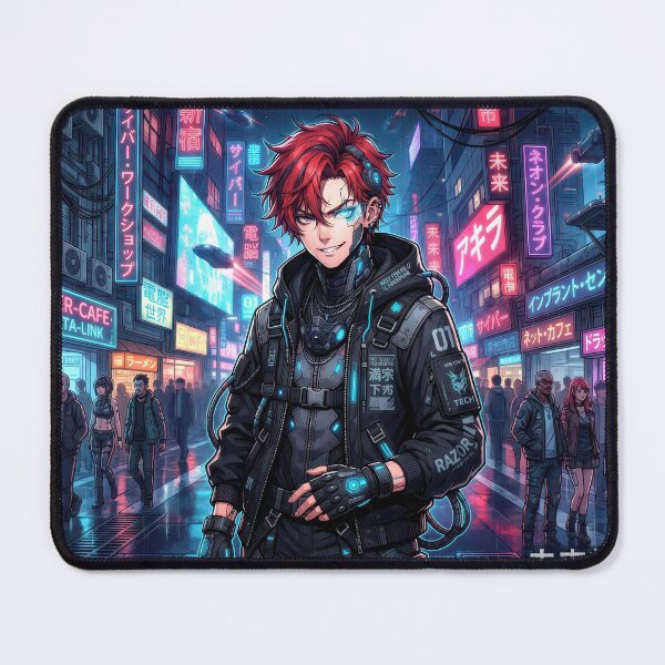 Item preview, Cyberpunk Rebel Red Hair Anime Cyborg Boy Techwear designed and sold by DigitalArtx-com.