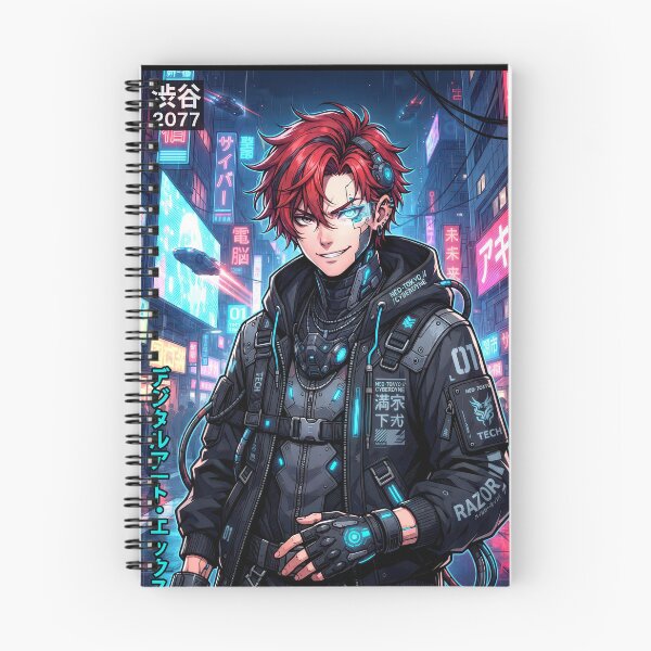 Item preview, Cyberpunk Rebel Red Hair Anime Cyborg Boy Techwear designed and sold by DigitalArtx-com.