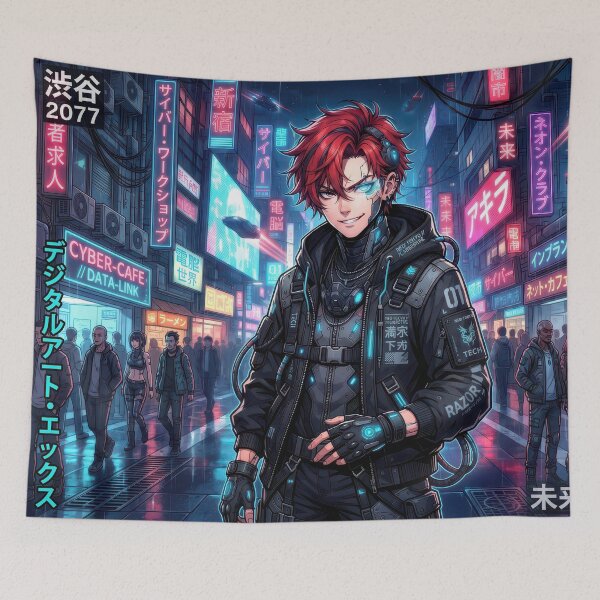 Item preview, Cyberpunk Rebel Red Hair Anime Cyborg Boy Techwear designed and sold by DigitalArtx-com.