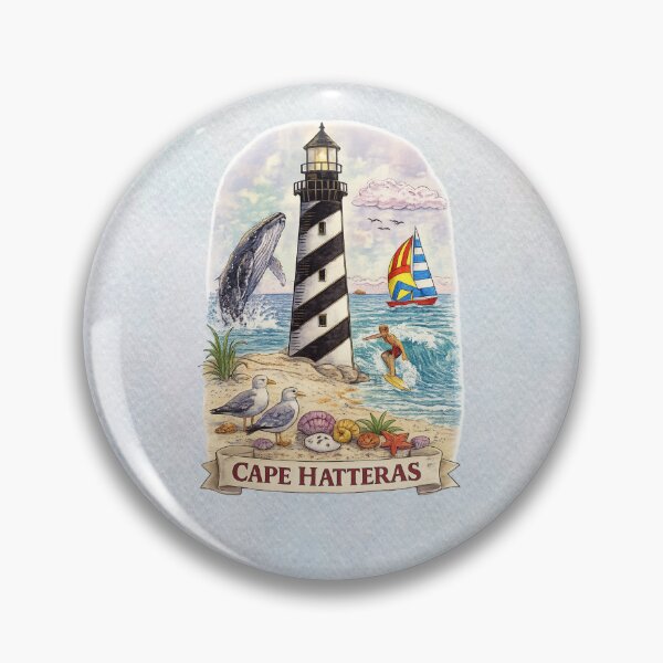 Item preview, Cape Hatteras Lighthouse Coastal Scene with Whale, Surfer & Sailboat – Vintage Beach Nautical Art designed and sold by MysticOzzy.