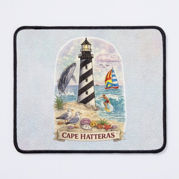 Item preview, Cape Hatteras Lighthouse Coastal Scene with Whale, Surfer & Sailboat – Vintage Beach Nautical Art designed and sold by MysticOzzy.