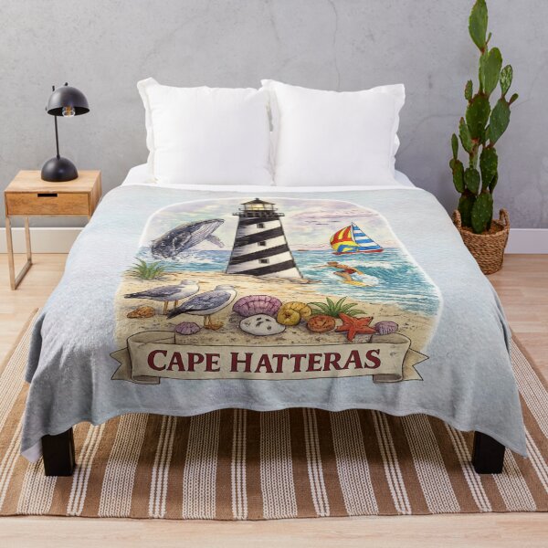 Item preview, Cape Hatteras Lighthouse Coastal Scene with Whale, Surfer & Sailboat – Vintage Beach Nautical Art designed and sold by MysticOzzy.
