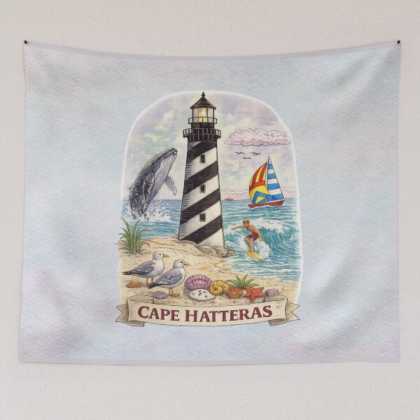 Item preview, Cape Hatteras Lighthouse Coastal Scene with Whale, Surfer & Sailboat – Vintage Beach Nautical Art designed and sold by MysticOzzy.