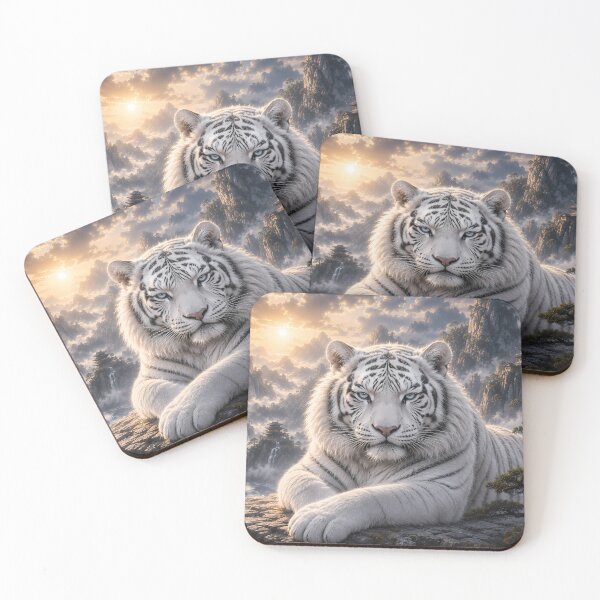 Item preview, Majestic Resting White Tiger in Waterfall Valley | Fantasy Oriental Wildlife Art designed and sold by ManJiangHong.