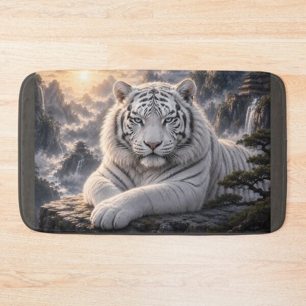 Item preview, Majestic Resting White Tiger in Waterfall Valley | Fantasy Oriental Wildlife Art designed and sold by ManJiangHong.
