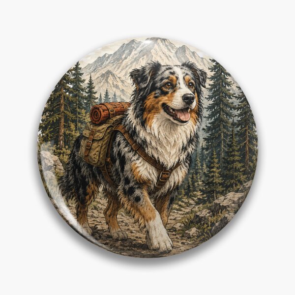 Item preview, Australian Shepherd Hiking Adventure | Vintage Outdoor Dog Illustration designed and sold by Golden Era Studio.
