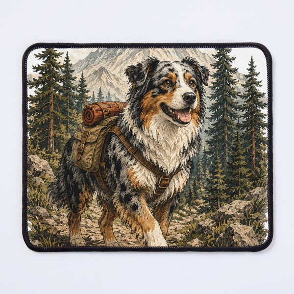 Item preview, Australian Shepherd Hiking Adventure | Vintage Outdoor Dog Illustration designed and sold by Golden Era Studio.