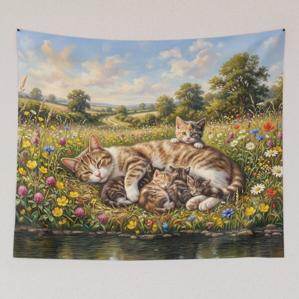 Item preview, Cottagecore Feline Family in a Sunlit Wildflower Meadow designed and sold by Englandbear.