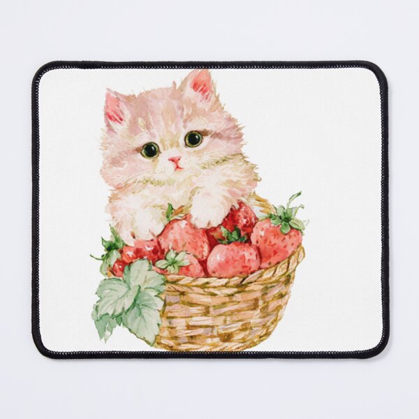 Item preview, Cute Strawberry Kitten Watercolor | Fluffy Cat in Strawberry Basket designed and sold by bubulaladesigns.