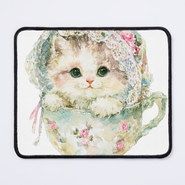 Item preview, Cute Kitten in Vintage Floral Teacup | Watercolor Cottagecore Cat designed and sold by bubulaladesigns.