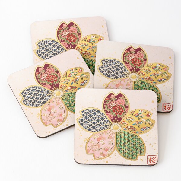 Item preview, Sakura — Japanese Cherry Blossom Crest Art Print | Peony & Folding Fan Kamon Pattern designed and sold by KimonoKotoba.