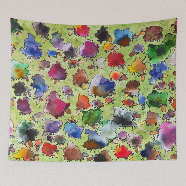 Item preview, Spinners Rare Breed Sheep Flock painting in watercolors and ink designed and sold by ChillonLeachArt.
