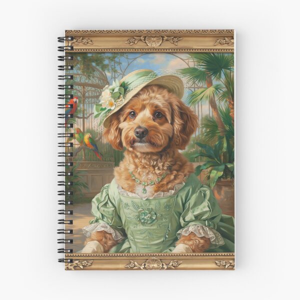 Artikelvorschau, Eine formelle, barocke Porträtillustration eines charmanten, flauschigen, braunen Cockapoos in einem eleganten, hellgrünen Sommerkleid. entworfen und verkauft von 123ks.