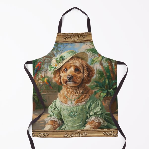 Aperçu de l'œuvre Une illustration de portrait royal de style baroque formel représentant un charmant Cockapoo brun duveteux portant une élégante robe d'été vert clair. créée et vendue par 123ks.