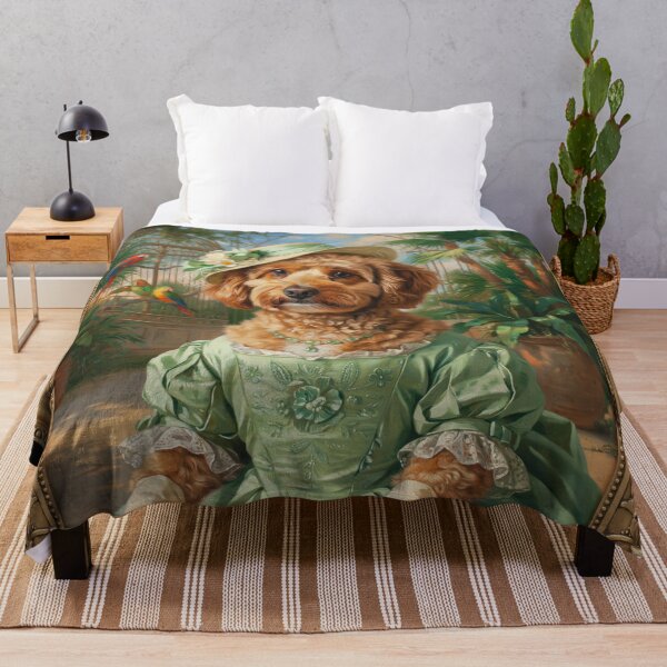 Item preview, A formal baroque-style royal portrait illustration of a charming fluffy brown Cockapoo wearing an elegant light green summer dress designed and sold by 123ks.