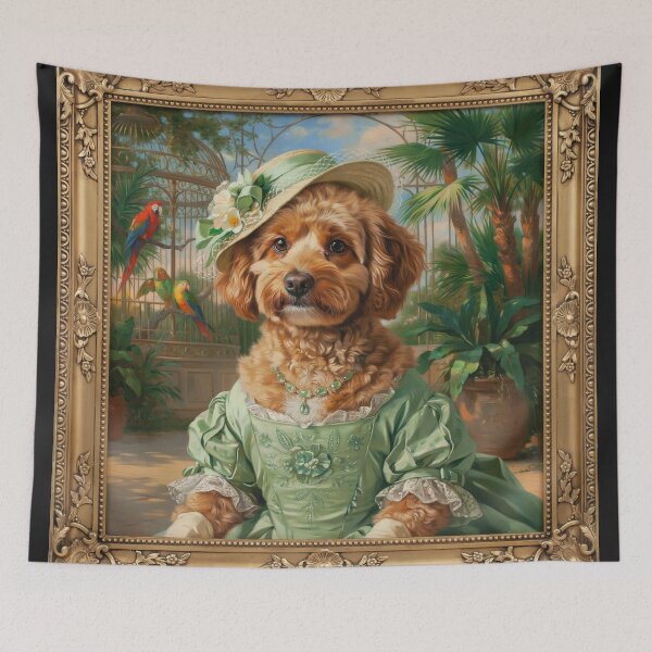 Aperçu de l'œuvre Une illustration de portrait royal de style baroque formel représentant un charmant Cockapoo brun duveteux portant une élégante robe d'été vert clair. créée et vendue par 123ks.