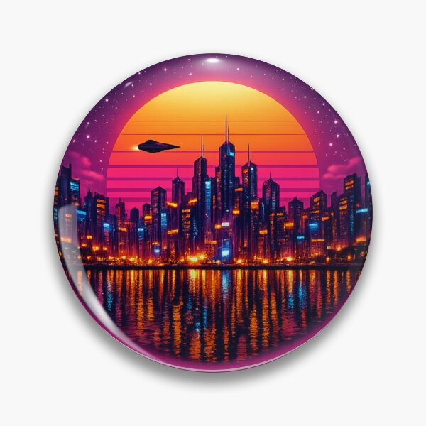 Item preview, Retrowave Neon City Skyline Sunset Circle Art designed and sold by ArtoryWorks.