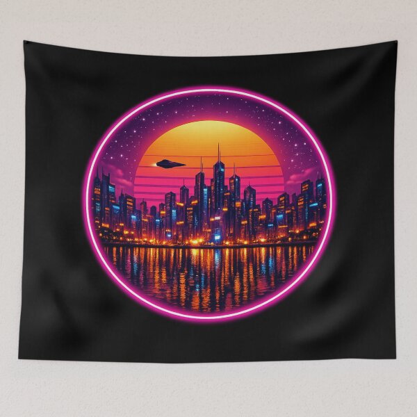 Item preview, Retrowave Neon City Skyline Sunset Circle Art designed and sold by ArtoryWorks.