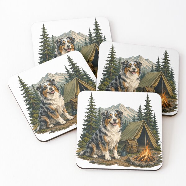 Item preview, Australian Shepherd Camping Adventure | Campfire & Forest Dog Illustration designed and sold by Golden Era Studio.