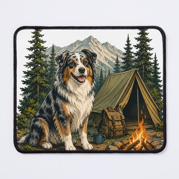 Item preview, Australian Shepherd Camping Adventure | Campfire & Forest Dog Illustration designed and sold by Golden Era Studio.