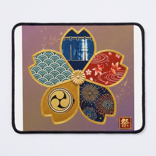 Item preview, Matsuri — Japanese Cherry Blossom Crest Art Print | Noren Stripe & Goldfish Festival Pattern designed and sold by KimonoKotoba.