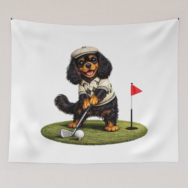 Item preview, Black and Tan Cavalier Playing Golf designed and sold by SpottyRainbow.