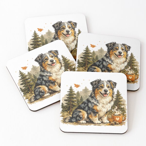 Item preview, Cute Australian Shepherd & Coffee | Cozy Autumn Dog Illustration designed and sold by Golden Era Studio.