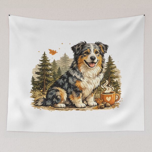 Item preview, Cute Australian Shepherd & Coffee | Cozy Autumn Dog Illustration designed and sold by Golden Era Studio.