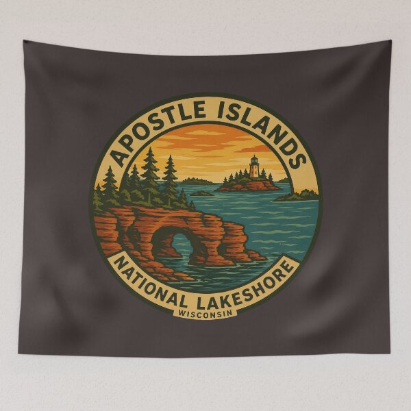 Aperçu de l'œuvre Îles des Apôtres, Wisconsin, badge de voyage vintage du lac Supérieur créée et vendue par American Travels.
