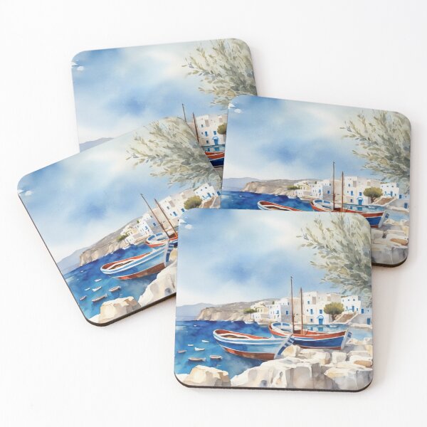 Item preview, Greek Island Harbor Watercolor Landscape Mediterranean Art designed and sold by UmSkelig834.