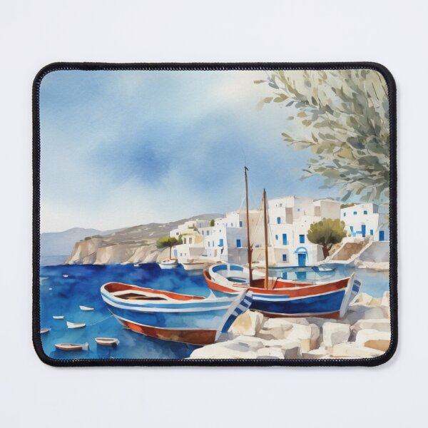 Item preview, Greek Island Harbor Watercolor Landscape Mediterranean Art designed and sold by UmSkelig834.