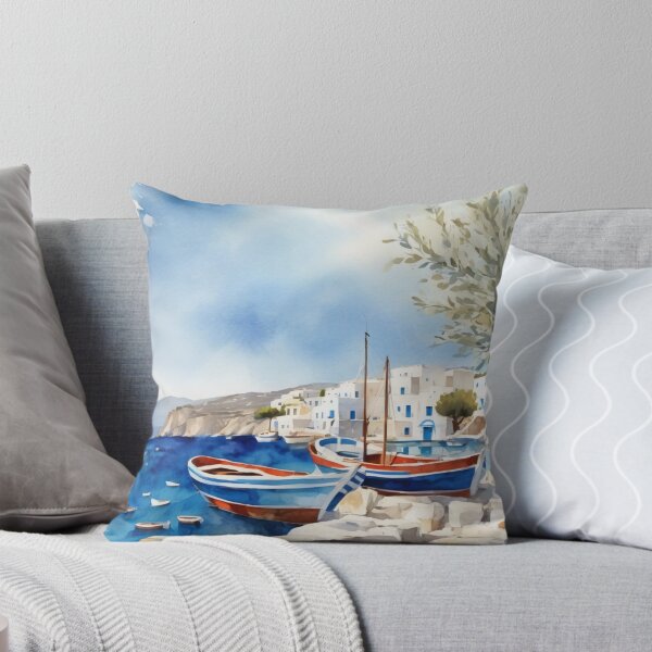 Item preview, Greek Island Harbor Watercolor Landscape Mediterranean Art designed and sold by UmSkelig834.