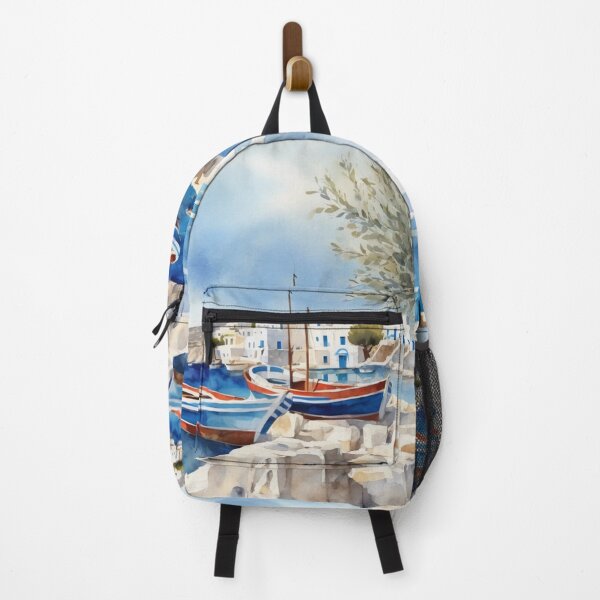Item preview, Greek Island Harbor Watercolor Landscape Mediterranean Art designed and sold by UmSkelig834.