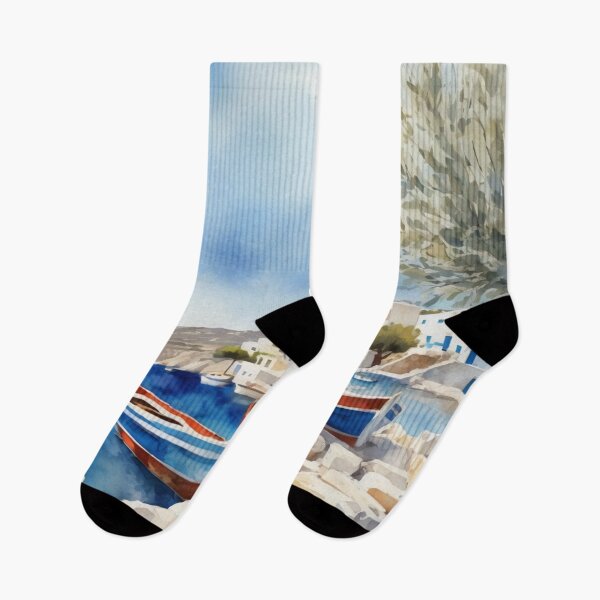 Item preview, Greek Island Harbor Watercolor Landscape Mediterranean Art designed and sold by UmSkelig834.