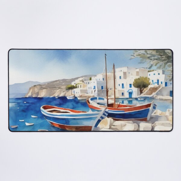 Item preview, Greek Island Harbor Watercolor Landscape Mediterranean Art designed and sold by UmSkelig834.