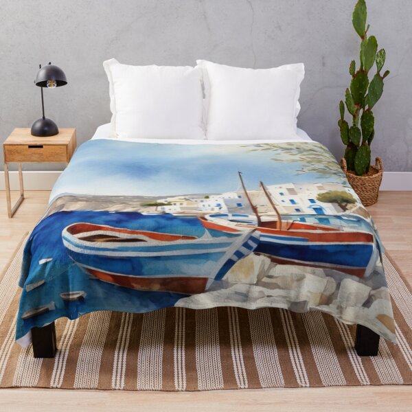 Item preview, Greek Island Harbor Watercolor Landscape Mediterranean Art designed and sold by UmSkelig834.