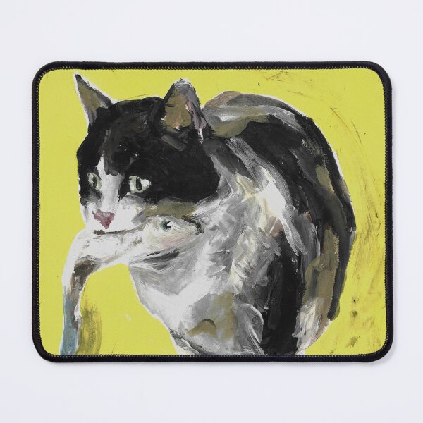 Item preview, Black and White Cat with Fish – Expressive Animal Painting designed and sold by Iconic shop.