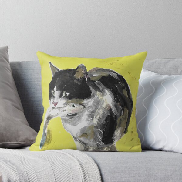 Item preview, Black and White Cat with Fish – Expressive Animal Painting designed and sold by Iconic shop.