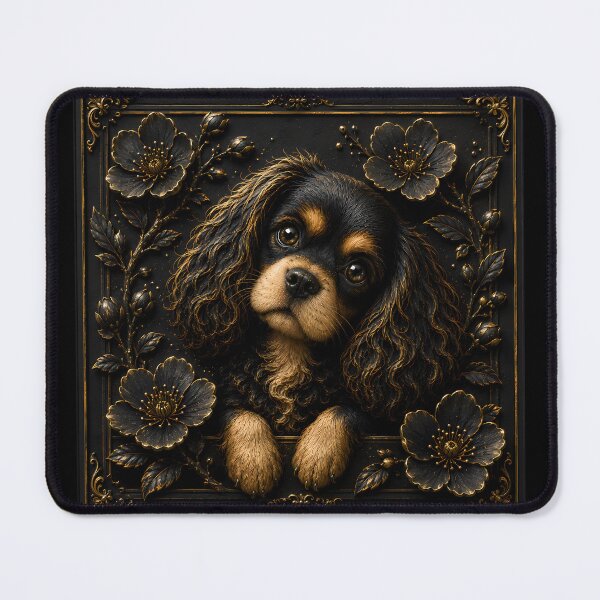 Item preview, Black Gold Cavalier King Charles Spaniel Floral Relief Art | Elegant Dog Portrait designed and sold by ManJiangHong.