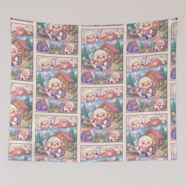 Item preview, Kawaii Sheep Cozy Cabin Vacation Comic Panel designed and sold by Gift Phrase Studio.